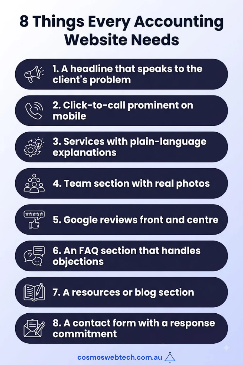 The eight things every accounting website needs: headline, click-to-call, plain-language services, team photos, Google reviews, FAQ, blog, contact form