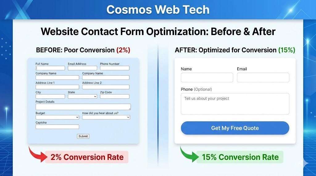 Before and after comparison of contact form design showing conversion rate improvement