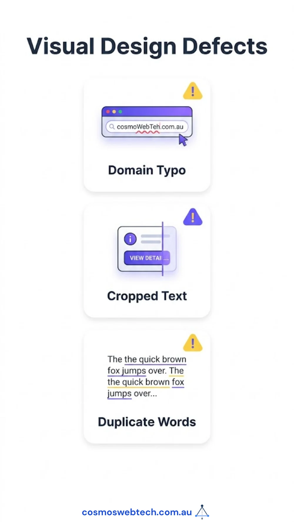 Visual design defects a parser cannot see: a domain typo, cropped text, and duplicated words