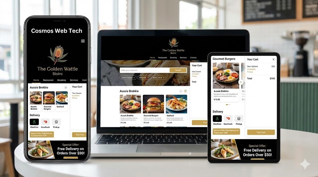 Mobile food ordering app showing restaurant menu and order process