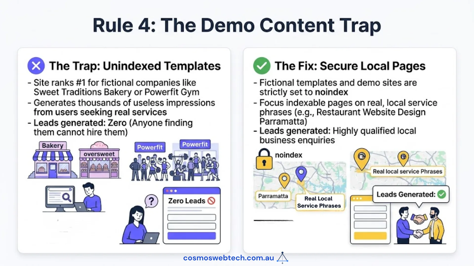 Unindexed demo templates rank for fictional businesses and generate impressions nobody can act on; real local service phrases generate qualified enquiries.