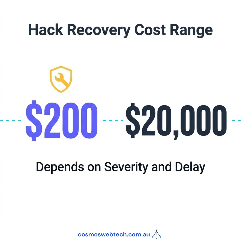 Hack recovery cost range: 200 dollars to 20,000, depending on severity and delay.
