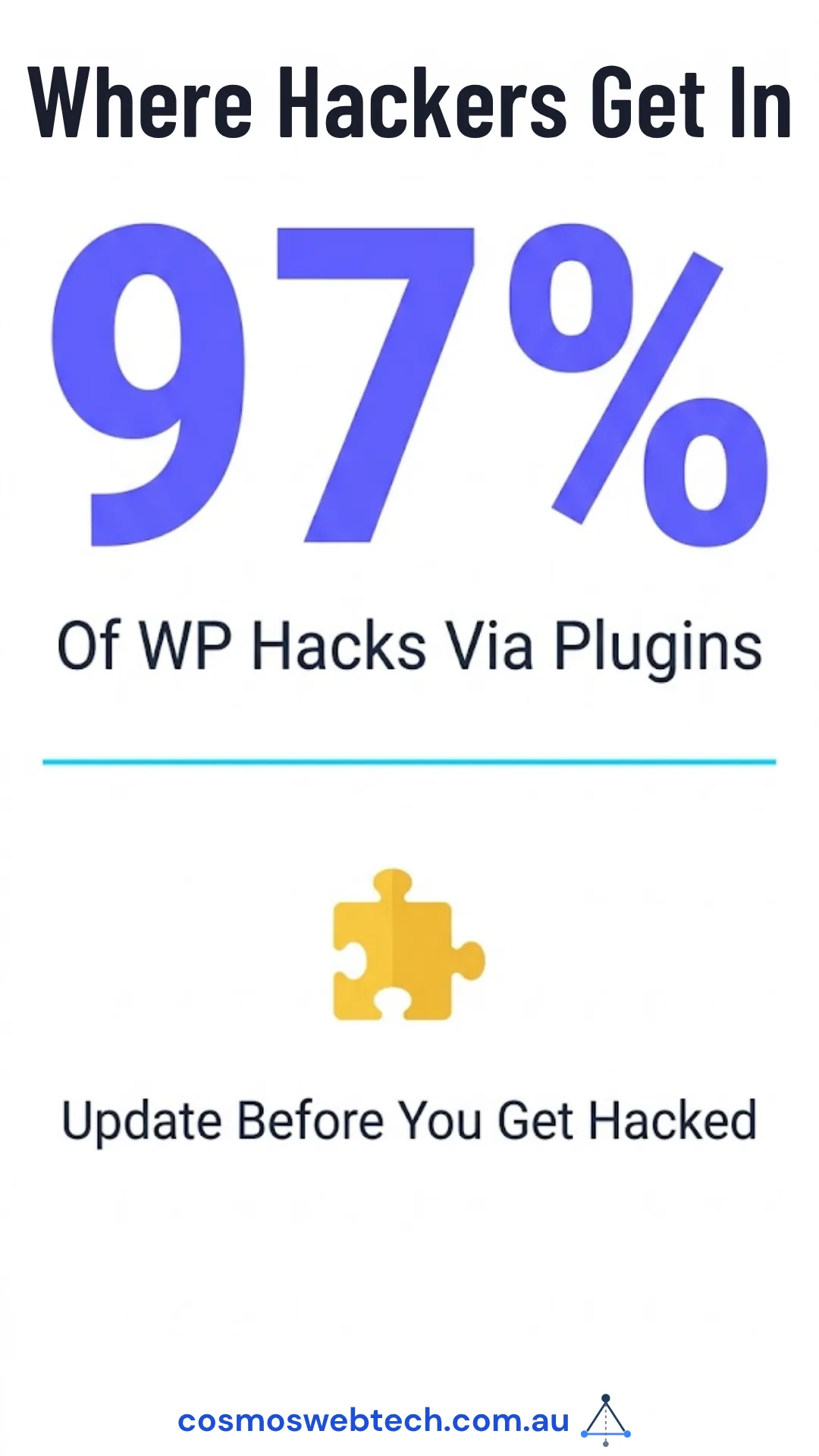 Where hackers get in: 97 per cent of WordPress hacks arrive via plugins. Update before you get hacked.