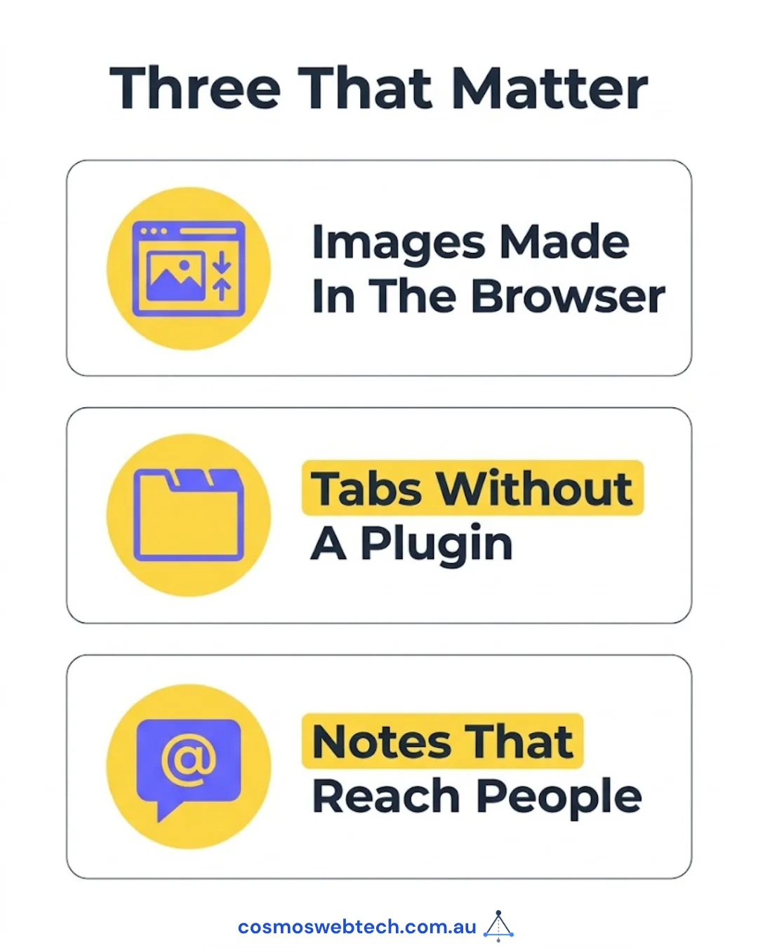 The three changes that reach a business site: images made in the browser, tabs without a plugin, and notes that reach people.