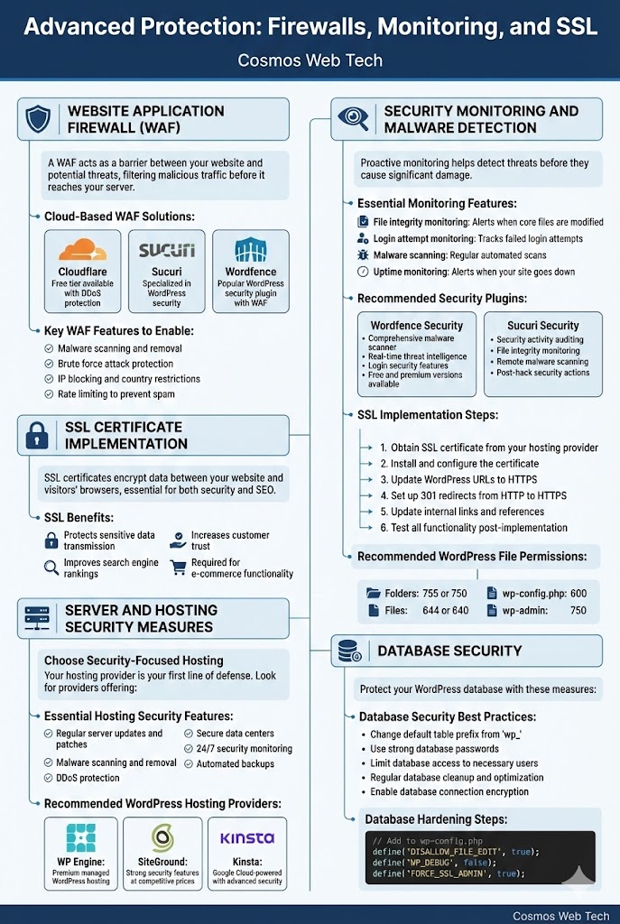 Advanced Protection: Firewalls, Monitoring, and SSL - WordPress Security Infographic