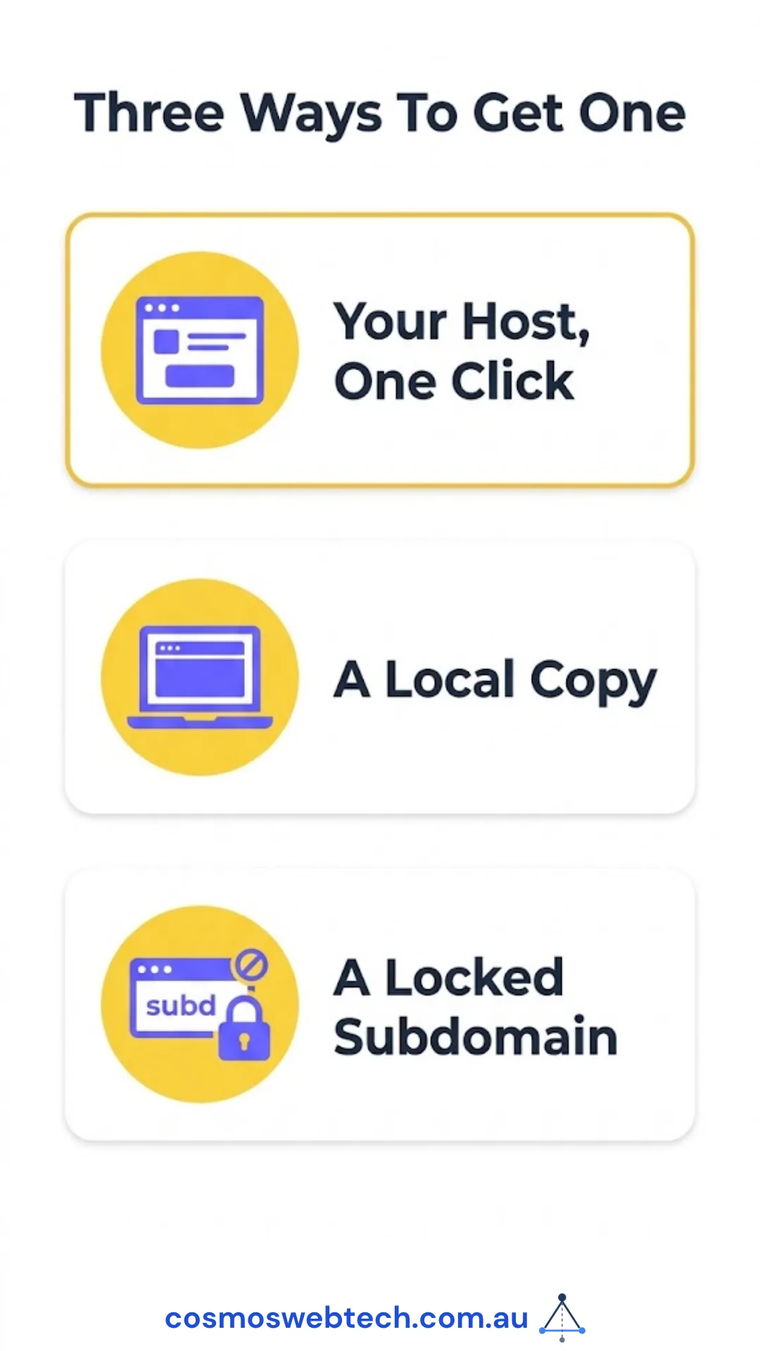 Three ways to get a staging site: your host in one click, a local copy, or a locked subdomain.