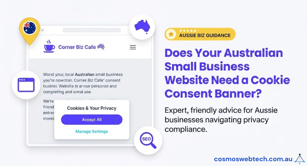 Does your Australian small business website need a cookie consent banner? Expert, friendly advice for Aussie businesses navigating privacy compliance, shown with a sample café website displaying a cookies and privacy consent prompt