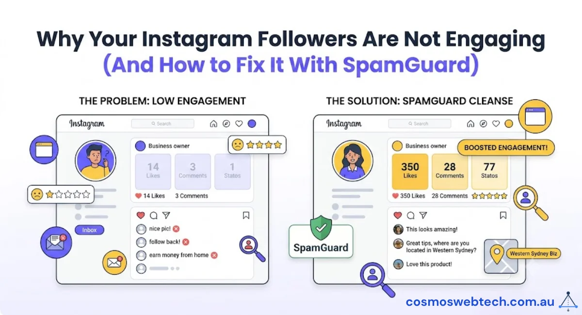 Why your Instagram followers are not engaging, and how to fix it with SpamGuard — a before-and-after comparison showing a low-engagement account with fake followers versus a cleaned account with boosted engagement for a Western Sydney business